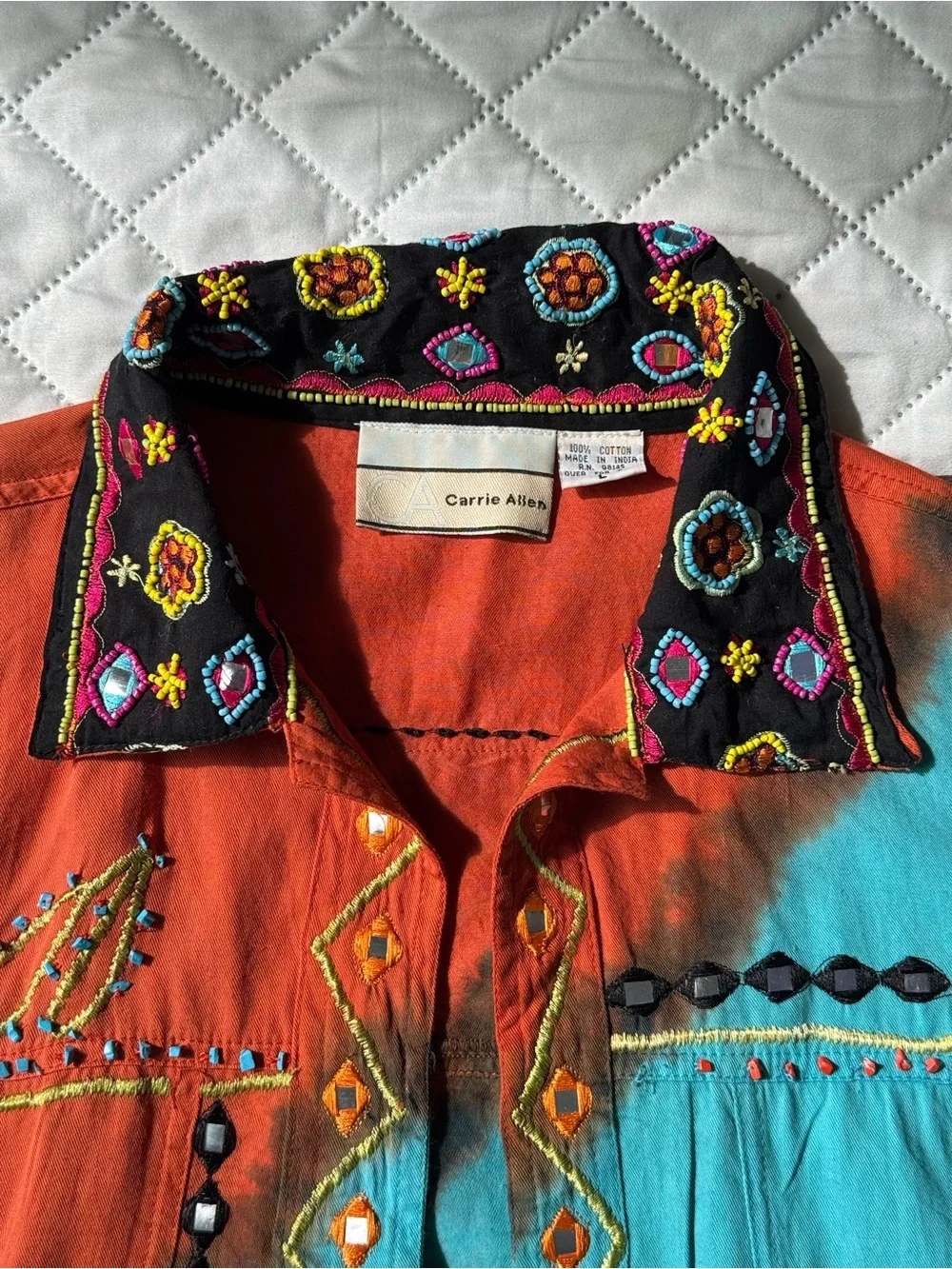 Carrie Allen Beaded Embroidered Art Jacket Boho Wearable Art Hand Painted L